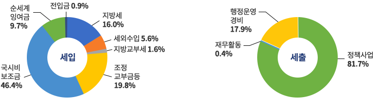 세입: 국시비보조금 46.4%, 순세계잉여금 9.7%, 전입급 0.9%, 지방세 16.0%, 세외수입 5.6%, 지방교부세 1.6%, 조정교부금등 19.8% / 세출 : 정책사업 81.7%, 재무활동 0.4%, 행정운영경비 17.9%