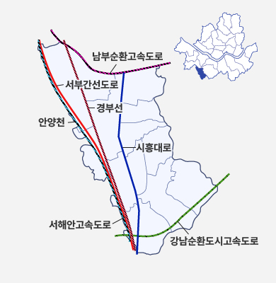 지역특성 남부순환고속도로부터 좌측으로 서부간선도로 우측 하단에 경부선 좌측하단에 안양천 우측하단에 시흥대로 좌측하단에 서해안고속도로 우측하단에 강남순환도시고속도로